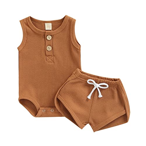 Summer Newborn Baby Boy Girl Clothes Set Ribbed Outfits Unisex Infant Solid Cotton Button Short Sleeve Tops Shorts 2PCS