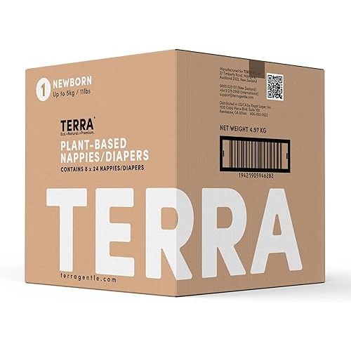 Terra Size 1 Newborn Diapers: 85% Plant-Based, Ultra-Soft & Chemical-Free for Sensitive Skin, Superior Absorbency for Day or Night, Designed for Newborns up to 11 Pounds, 192 Count