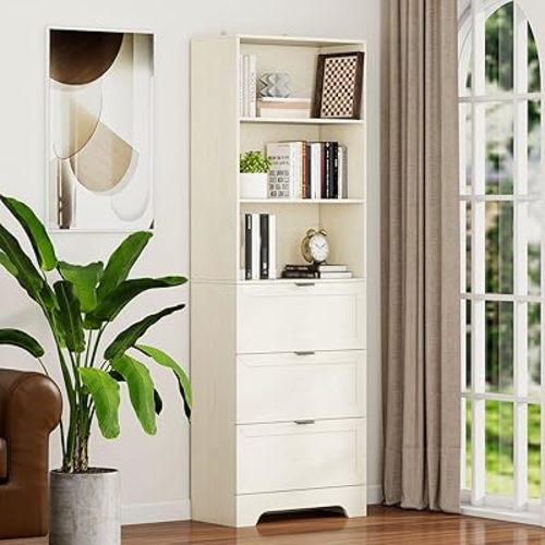 6 Tier Book Shelf with Drawers,White Farmhouse Display Bookshelf with Organizers and Storage,Free Standing Tall Bookshelf with Cabinet for Bedroom,Living Room, Office