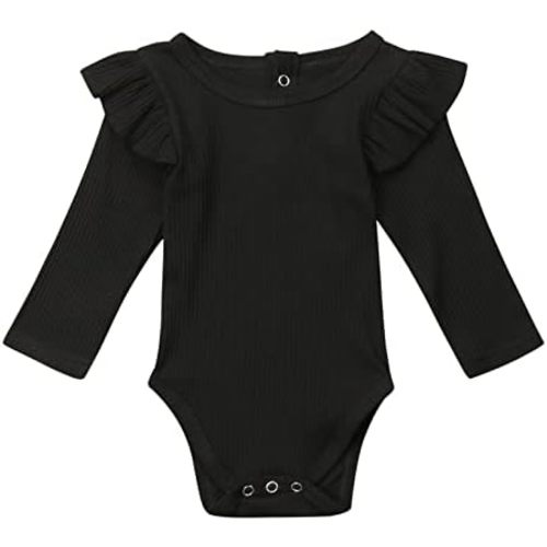 Mubineo Infant Baby Girl Basic Plain Rib Knit Ruffle Long Sleeve Romper Bodysuit Tops