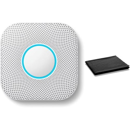 Google Nest Protect Smart Smoke and Carbon Monoxide Alarm – Split-Spectrum Sensor, App Alerts, Voice Notifications, Battery Operated, White, Includes Cleaning Cloth