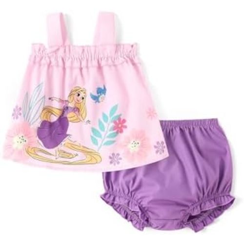 Disney Princess Baby Girl Clothes: Floral Sleeveless Ruffle Tunic Top & Bloomer Diaper Cover Set Newborn Summer Outfits