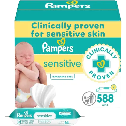 Pampers Sensitive Baby Wipes, Water Based, Hypoallergenic and Unscented, 7 Refill Packs (588 Wipes Total)