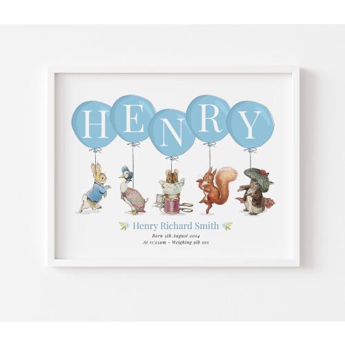 Peter Rabbit Personalised Balloon Name Print, Nursery, Birth, New Baby, Picture, Poster, Beatrix Potter, Christening, Gift, Unframed