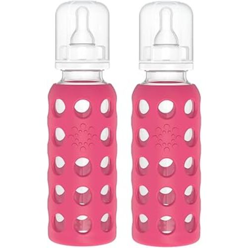 Lifefactory Glass Baby Bottle BPA Free | Protective Silicone Sleeve | 9 oz Pack of 2 | Raspberry