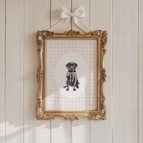 Black Labrador Retriever Nursery Decor, Watercolor Lab Dog Nursery Print, Baby Girl Nursery, Pink Gingham Wall Print, Coquette Pink Bow Art