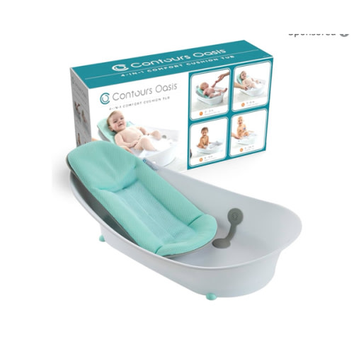 Contours Oasis 4 in 1 Comfort Cushion Baby Bath Tub, Portable Infant Bathtub Seat, Supportive for Newborns and Toddlers 0-24 Months, Grow with Me Design, Quick Dry Mesh Pad, Easy to Clean, Blue/White