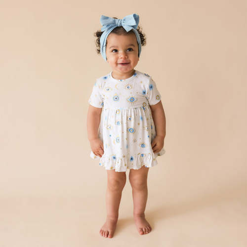 Evil Eye Yellow Ruffled Baby Bodysuit Dress | Ethereal Fiona
