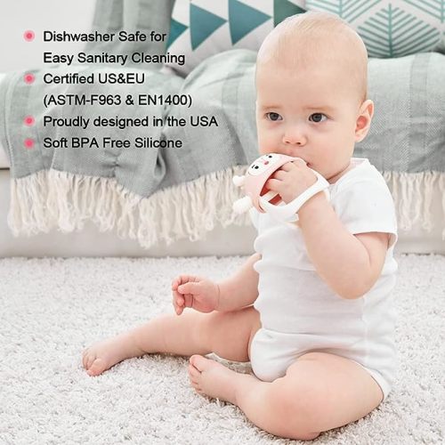 Smily Mia Teething Toys/Teethers for Babies 6-12 Months, Reindeer Baby Chew Toy 3-6 Months for Teething Relief, Get-A-Grip Baby Hand Teether,light pink