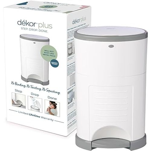 Diaper Dekor Plus Hands-Free Diaper Pail | White | Easiest to Use | Just Step–Drop–Done | Doesn’t Absorb Odors | 20 Second Bag Change | Most Economical Refill System | Great for Cloth Diapers