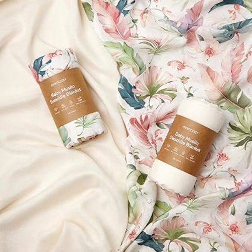 Momcozy Muslin Swaddle Blankets, Softness Upgrade Neutral Swaddle Blanket, Breathable Large 47''x47'' Baby Infant Newborn Boys Girls Swaddling Receiving Blanket Wraps, 2 Pack, Beige & Flower Leaves