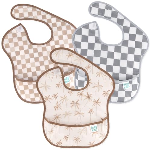 Bumkins Bibs for Girl or Boy, SuperBib Baby and Toddler for 6-24 Months, Essential Must Have for Eating, Feeding, Baby Led Weaning Supplies, Mess Saving Catch Food, 3-pk Palms and Checks