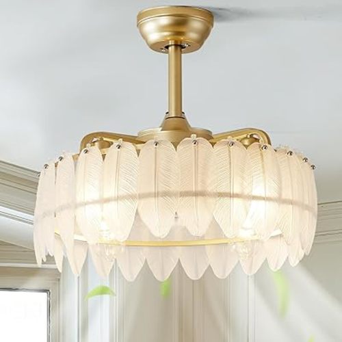 Caged Ceiling Fan with Lights Flush Mount, 20inch Crystal Caged Ceiling Fan with Remote Control, Crystal Chandelier Ceiling Fan with Ligh for Bedroom, Dining Room, Living Room, Nursery