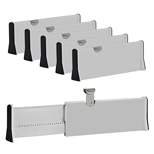 Drawer Dividers Organizer 5 Pack, Adjustable Separators 4" High Expandable from 11-17" for Bedroom, Bathroom, Closet,Clothing, Office, Kitchen Storage, Strong Secure Hold, Foam Ends, Locks in Place