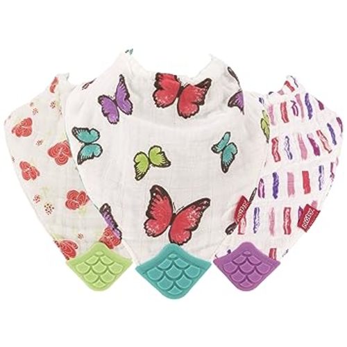 Nuby Reversible 100% Natural Cotton Muslin 3 Piece Teething Bib, Pink, Aqua, Purple, Flower, Butterfly, Stripes, Girl, 3 Count