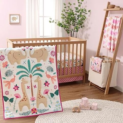 The Peanutshell 5 Piece Baby Crib Bedding Set for Girls - Newborn, Infant & Toddler Nursery Bed Set Decor with Fitted Crib Sheets, Blanket, Dust Ruffle, Crib Comforter - Bright Safari