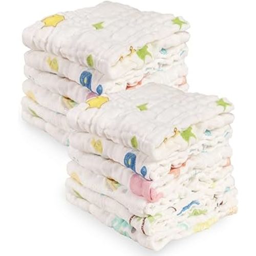 Viviland Baby Washcloths Wash Cloths for Babies,Muslin Washcloths Baby,12-Pack,12 X 12 inches Absorbent and Soft Newborn Essentials Must Haves - Dinosaur & Flamingo