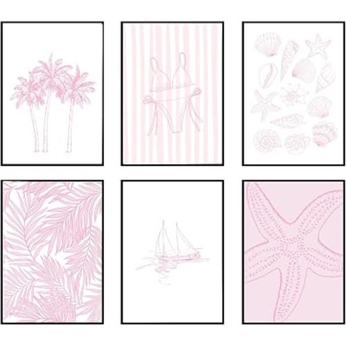 Pink Coast Bikini Shell Canvas Wall Art Fashion Swimwear Beach Aesthetic Wall Decor Preppy Coast Poster Print Artwork for Hallway Bedroom and Living Room Home Decor 12x16in