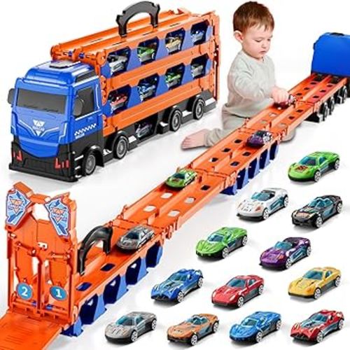 Race Track and Toy Trucks with 12 Race Cars for 3+ Years Old Boys Girls, Big Hauler Transporter Truck Toy Set with 2 Ejection Race Track, 16.5 inch Transport Truck Kids Toys for Ages 5-7