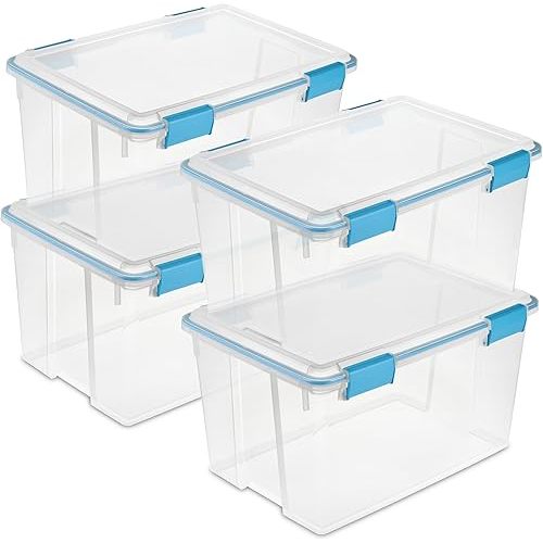 Sterilite 4 Pack Gasket Box, Stackable Storage Bin with Latching Lid, 54 Quart