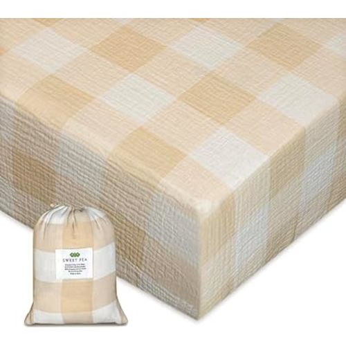 Organic Crib Sheets for Boys, Girls - Muslin Fitted Crib Sheet, Neutral Crib Sheet, Cotton Crib Sheets for Standard Crib Mattress & Toddler Bed Mattress (51"x27") (Gingham Beige)
