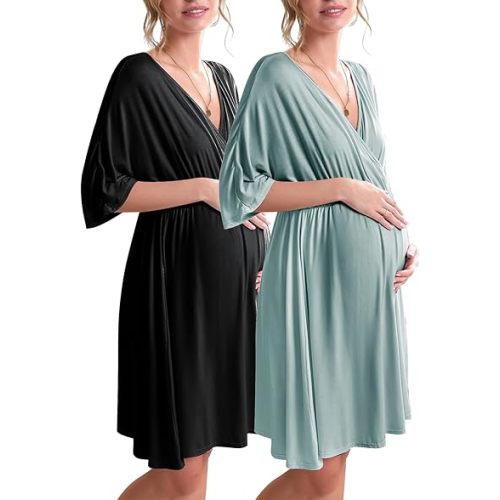 Ekouaer 3 in 1 Labor/Delivery/Hospital Gown 2 Pack Maternity Dress Nursing Nightgown Sleepwear