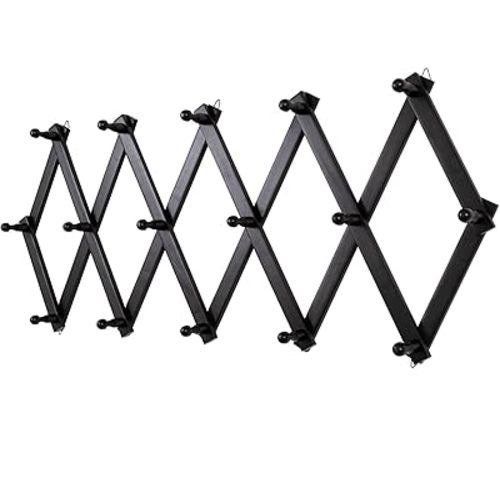 Accordion Wall Hanger with 16 Hooks, Wooden Wall Expandable Coat Rack for Coat, Hats, Baseball Caps, Coffee Mug, Jewelry(Black)