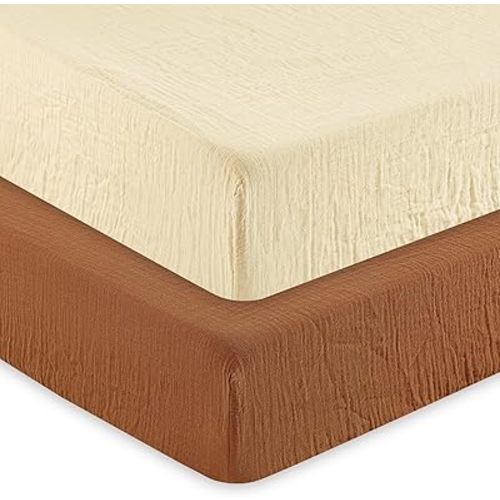 david's kids Muslin Crib Sheets for Boys Girls, 2 Pack 100% Cotton Soft Breathable Fitted Baby Sheet Set, 28x52 Inch Fits Standard Crib and Toddler Mattresses, Beige & Brown