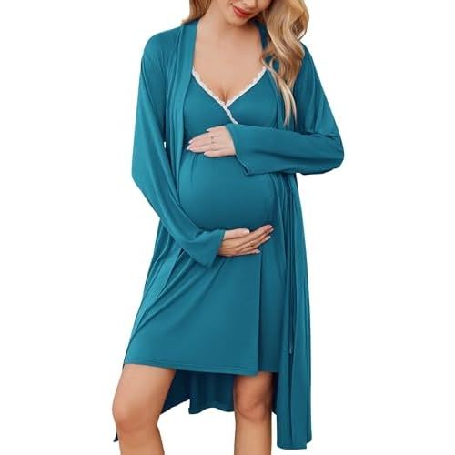Ekouaer Womens Maternity Nursing Gown and Robe Set Labor Delivery Nuring Nightgowns for Hospital Breastfeeding Robes