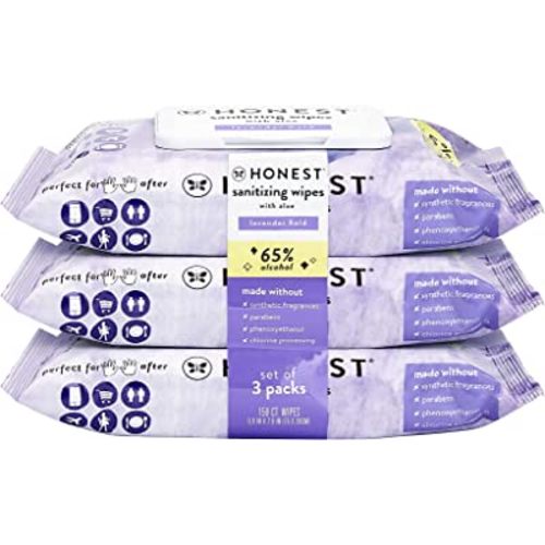 The Honest Company Sanitizing Alcohol Wipes | Kills 99% of Germs, Made With Aloe | Lavender, 150 Count (3 Packs of 50)