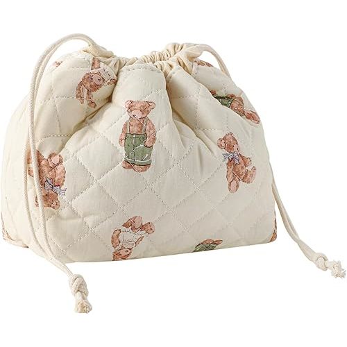 Cotton Quilted Drawstring Makeup Bag with Canvas Lining,Coquette Aesthetic Cute Travel Toiletry Bag,Drawstring Gift Bag for Women and Girls(04White Bear)