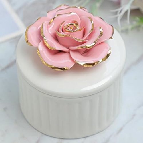 Ceramic Trinket Box - Ceramic Rose on Top Lip Gilding Gold Keepsake Jewelry Box - Small Round Storage Box for Rings Bracelets Neclace Jewelry Collection Home Décor (Pink)