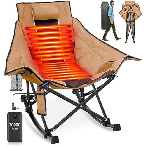 Suteck Heated Rocking Camping Chair, XL Oversized Rocking Chair Outdoor with 3 Heat Levels for Back and Seat, Heated Chairs Outdoor Sports W/20,000mAh Power Bank for Patio Lawn Picnic Travel