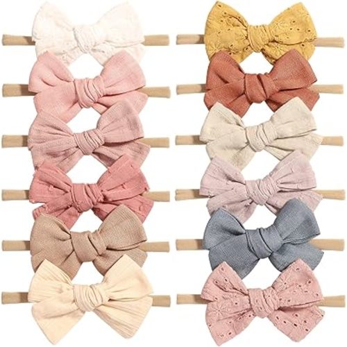 jollybows 12pcs Baby Girls Hair Bows Nylon Elastic Headband Hair Accessories for Infants Toddlers Newborn