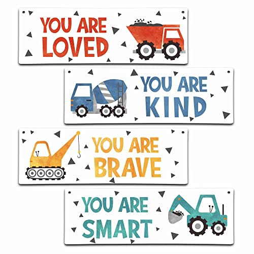 4 Pieces Construction Vehicles Decor Kids Room Wall Decor Wooden Sign - Motivational Wall Art For Kids Room Nursery Playroom Classroom(Sign-01)