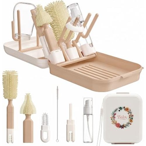 8-in-1 Baby Bottle Cleaning Kit, Portable Brush Set & Drying Rack,Pink