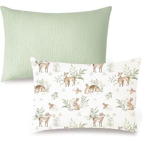 Konssy Muslin Toddler Pillowcase 13"x18", 2 Pack 100% Cotton Toddler Pillow Case for Kids, Boys, Girls, Soft & Snug Fit Baby Pillow Covers with Envelope Closure (Woodland,Sage)