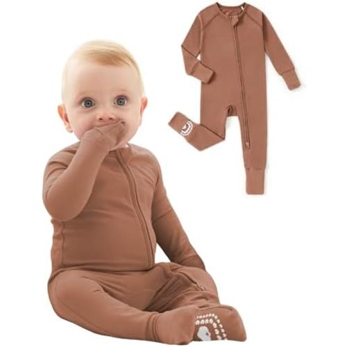 PATPAT Organic Cotton Baby Footie Pajamas with Two-Way Zipper & Fold-Over Mittens, Soft Stretchy Romper for Newborn Boy Girl