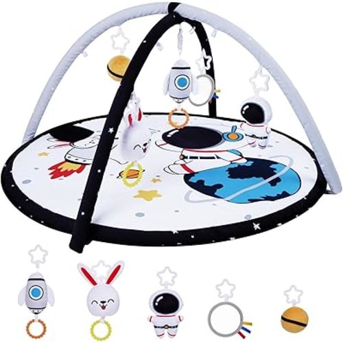 Lovvie & Joy Baby Play Activity Gym Tummy Time Mat for Newborn Infant,Baby Gyms & Playmats for Babies 0-6 9 12 Months with 5 Toys for Early Sensory Exploration and Motor Skill Development Space