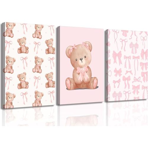 3Pcs Pink Teddy Bear Canvas Wall Art Coquette Bow Wall Decor Pictures Cute Animal Nursery Posters Prints for Baby Girls Room Bedroom Home Decorations