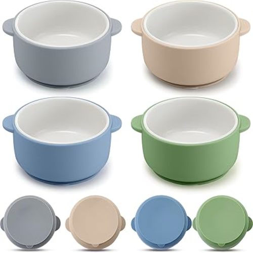 Domensi 4 Sets Kids Porcelain Bowls with Silicone Suction Sleeves Toddler Suction Bowls Baby Bowl Microwave Dishwasher Safe Cereal Soup Snack Dishes for Children Food Feeding Supplies (Morandi Colors)