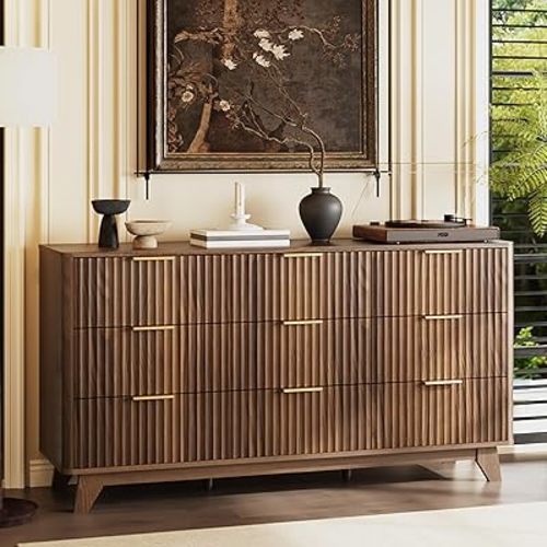 VINGLI Fluted Walnut Dresser 9 Drawer, Dark Wood Dresser Brown with Rounded Edges, 57" Long Mid Century Modern Dressers for Bedroom, 57" W*15.75" D*29.92" H