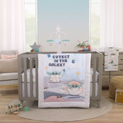 Nojo Star Wars Grogu Cutest In The Galaxy Cream, Green, And White 3 Piece Nursery Crib Bedding Set - Comforter, Fitted Crib Sheet, And Crib Skirt