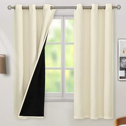 BGment Cream 100% Blackout Curtains for Bedroom 63 Inch Length 2 Panels Set, Thermal Insulated Full Light Blocking Grommet Noise Cancelling Window Curtains&Drapes with Black Liner, 42 Inch Wide Each
