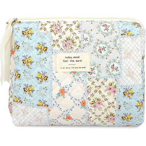 Makeup Bag Large Travel Quilted Cosmetic Makeup Bag Organizer, Floral Cotton Coquette Cute Aesthetic Toiletry Bag for Women Girls (Blue Floral Collage)