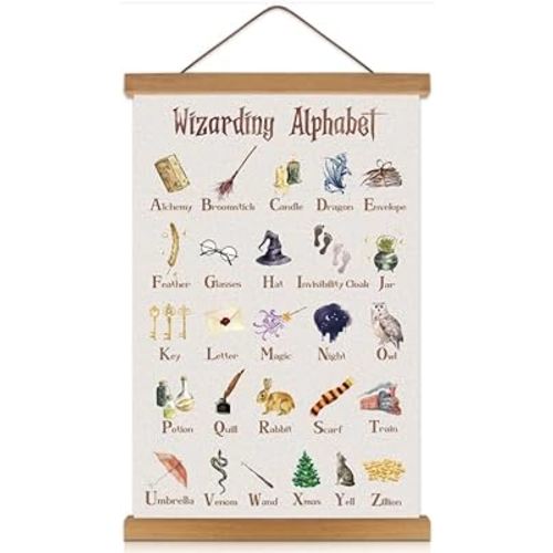 KAIRNE Wizarding Alphabet Hanging Poster(35x56CM) Sorting Hat,Flying Keys,Owl Witchcraft World Theme Prints Wood Magnetic,Positive abc Wall art Wizards Letters Gifts for Toddlers Kids Classroom Decor