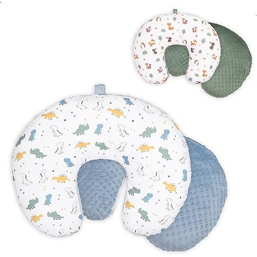 Double-Sided Baby Nursing Pillow Cover Set - 4 Pack - Soft Unisex Breastfeeding Pillow Cover for Girl & Boy with Hanging Loop - Multipurpose Washable Quick-Dry Slipcover Case with Waterproof Liner