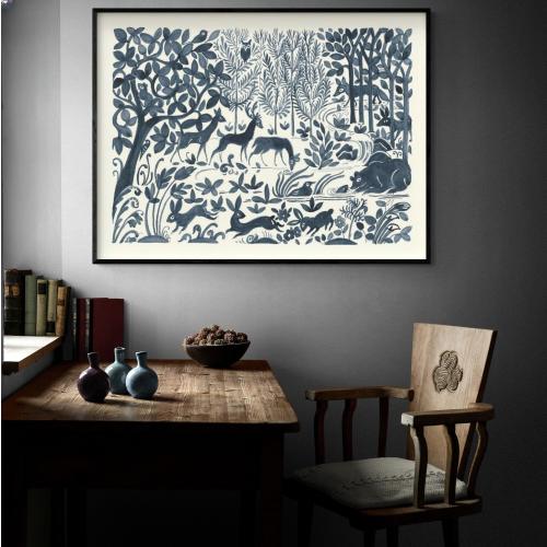 Forest Life II by Miranda Thomas, Navy Blue Forest Print, Forest Animals Wall Art, Wild Animal Print, Rabbit Painting Print