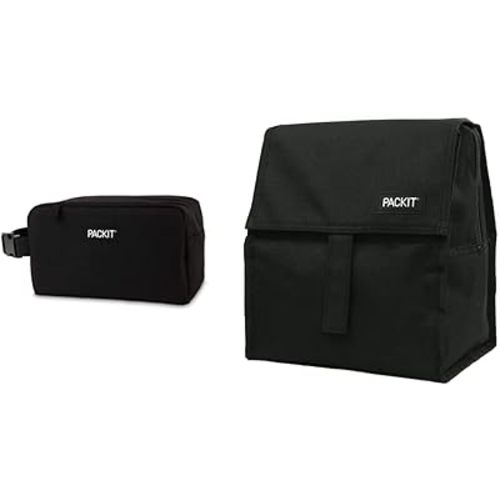 PackIt Freezable Snack Box (Black) and Freezable Lunch Bag with Zip Closure (Black) Bundle