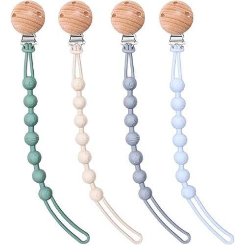 AIXMEET 4-Pack Silicone Pacifier Clip Holder, Soft Flexible Binky Clips, Food Grade Silicone Pacifier Strap with Clip, Teethers Toys Clips, for Baby Boy and Girl,One Piece Design
